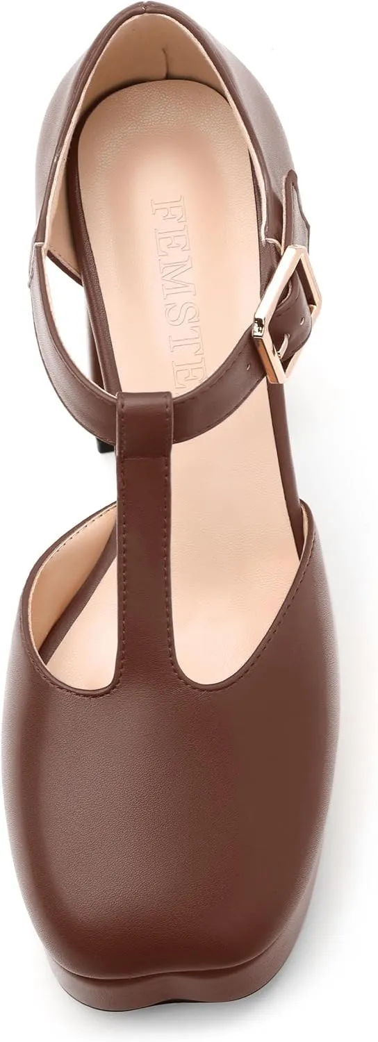 FEMSTEP Women's T-Strap Mary Jane Heels Platform High Block Chunky Square Toe Pumps Party Shopping Dating Daily Wear Dress Shoes