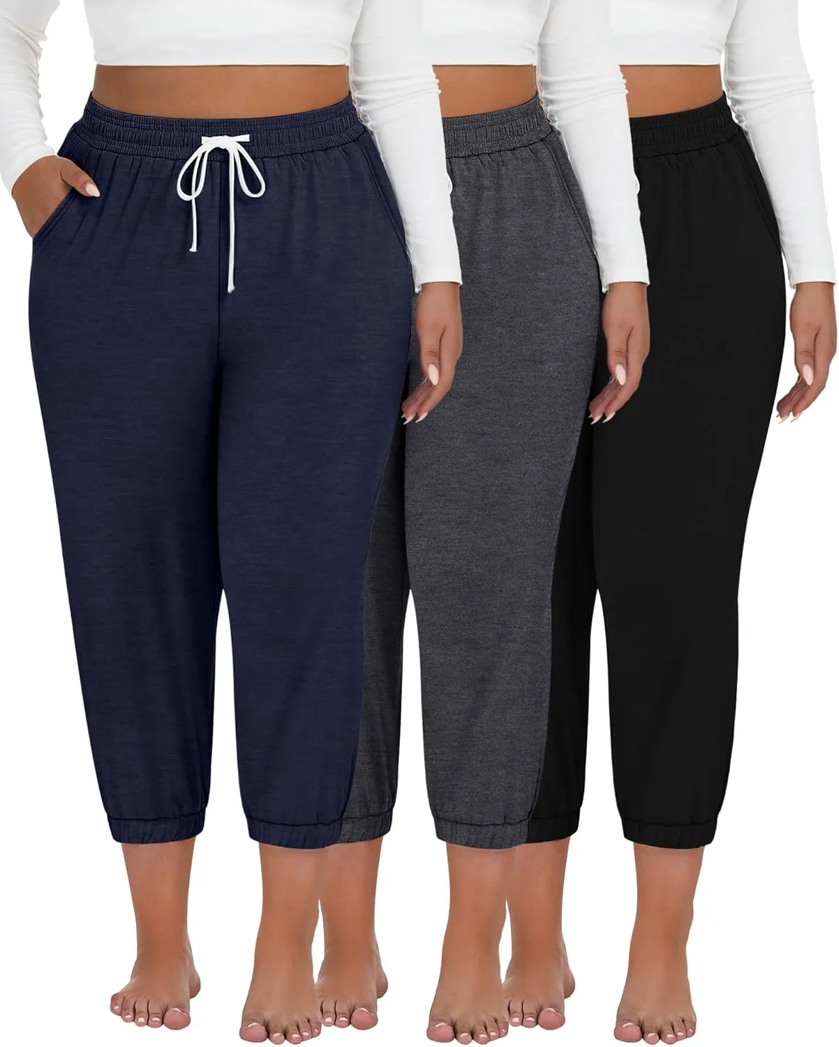 Ficerd 3 Pack Women's Plus Size Capri Sweatpants Cotton Drawstring Joggers Cropped Athletic Lounge Pants with Pockets