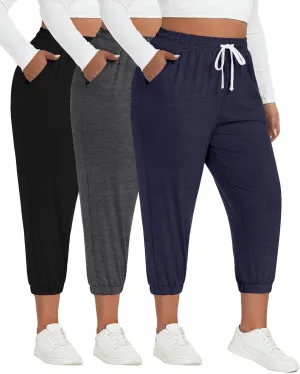 Ficerd 3 Pack Women's Plus Size Capri Sweatpants Cotton Drawstring Joggers Cropped Athletic Lounge Pants with Pockets
