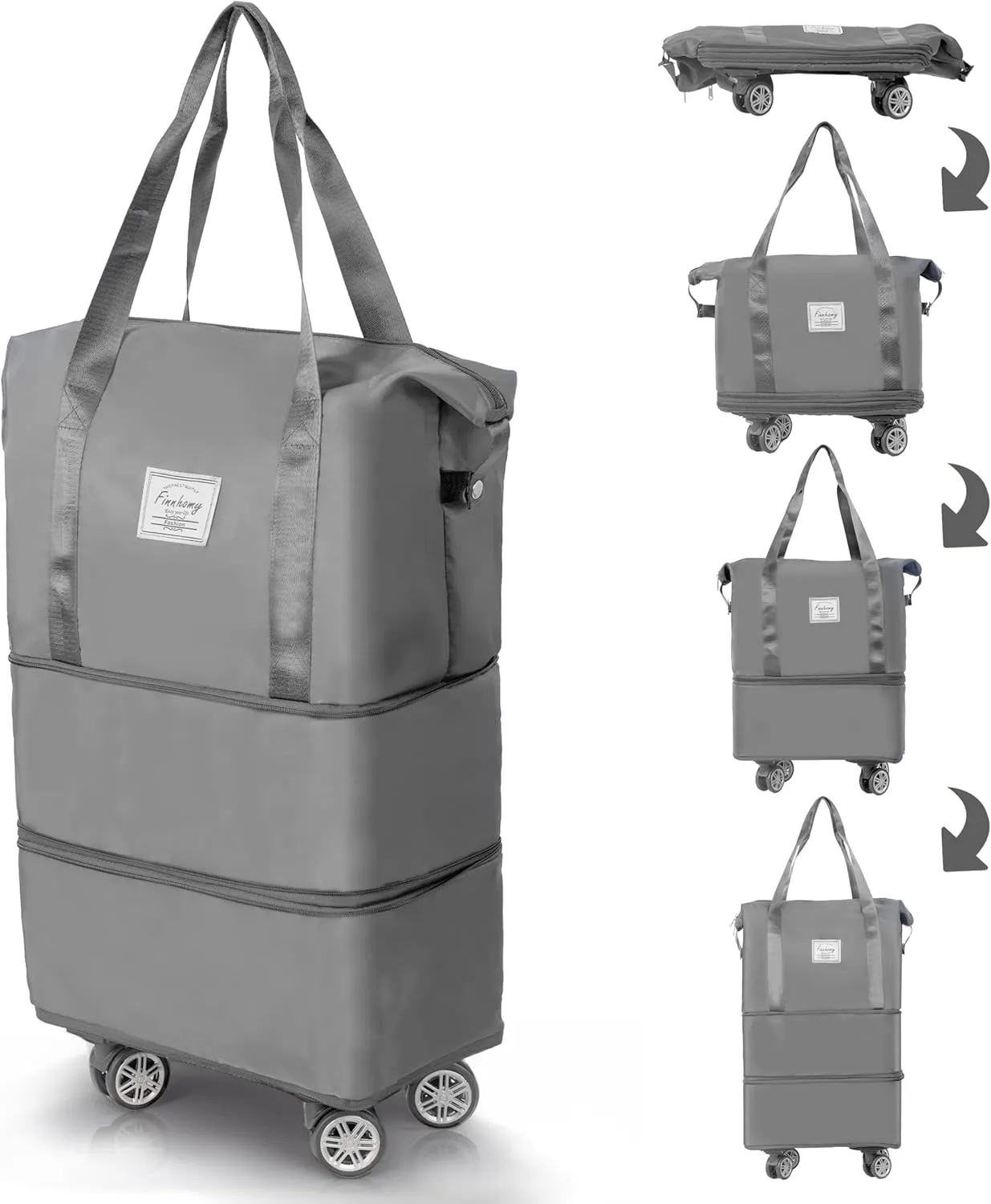 Finnhomy 50L Expandable Rolling Duffel Bag with Wheels Foldable Duffel Bag for Travel Carry on Bag with Wheels Luggage Travel bag Detachable Wheel Duffel Bag for Shopping Travel Outdoor, Grey