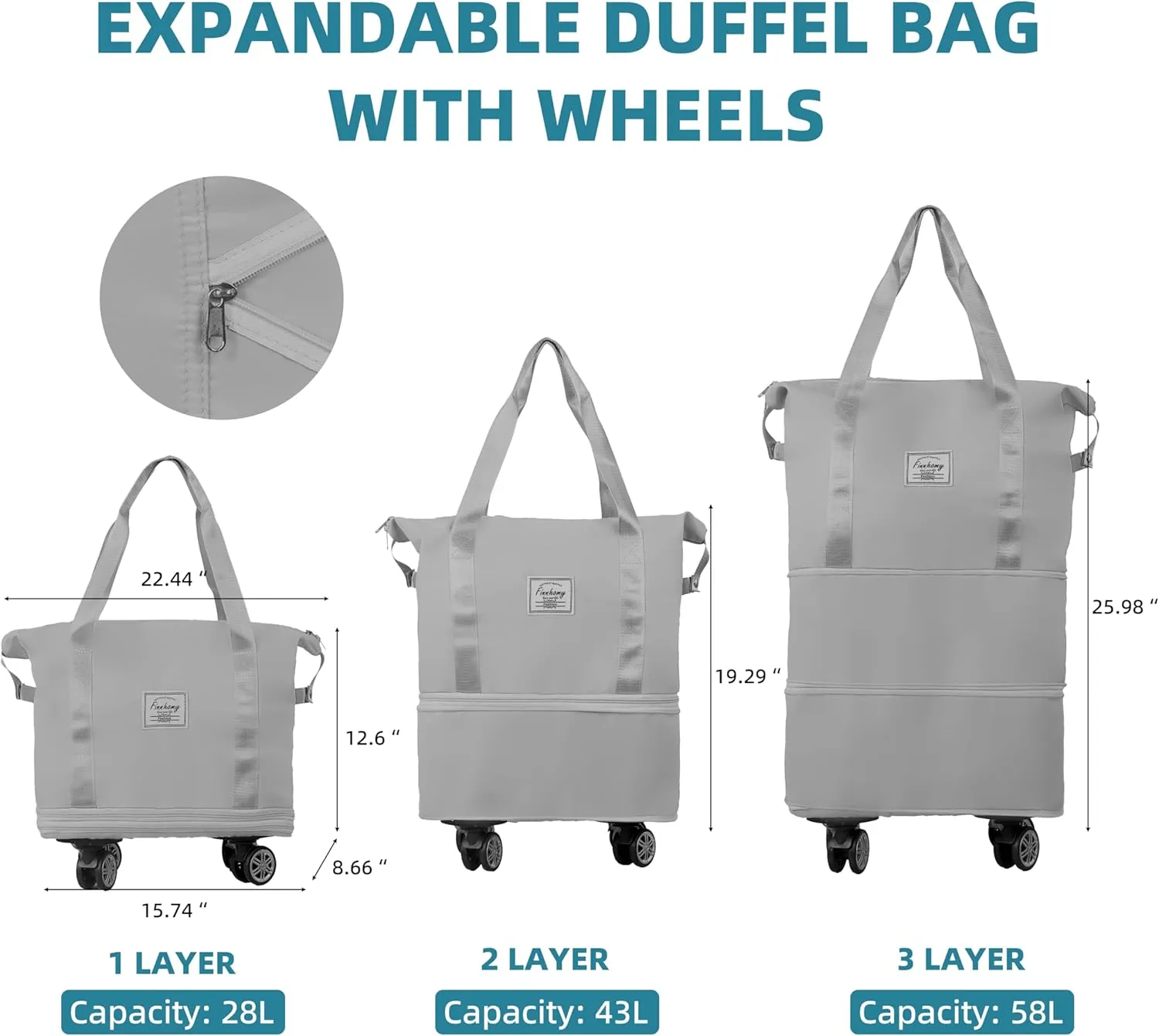Finnhomy 50L Expandable Rolling Duffel Bag with Wheels Foldable Duffel Bag for Travel Carry on Bag with Wheels Luggage Travel bag Detachable Wheel Duffel Bag for Shopping Travel Outdoor, Grey