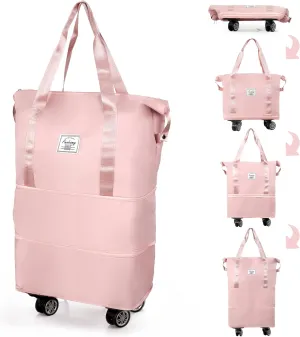 Finnhomy 50L Expandable Rolling Duffel Bag with Wheels Foldable Duffel Bag for Travel Carry on Bag with Wheels Luggage Travel bag Detachable Wheel Duffel Bag for Shopping Travel Outdoor, Pink