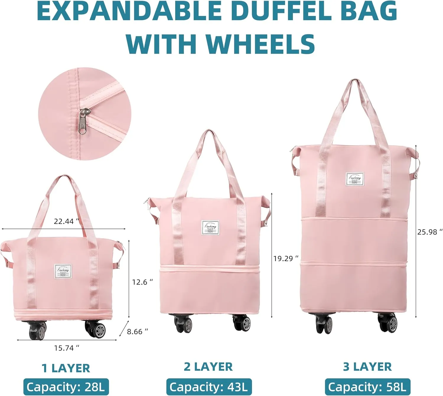 Finnhomy 50L Expandable Rolling Duffel Bag with Wheels Foldable Duffel Bag for Travel Carry on Bag with Wheels Luggage Travel bag Detachable Wheel Duffel Bag for Shopping Travel Outdoor, Pink