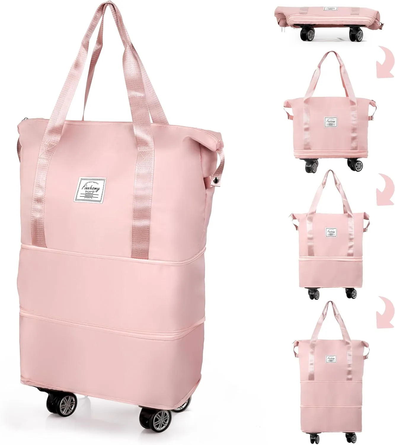 Finnhomy 50L Expandable Rolling Duffel Bag with Wheels Foldable Duffel Bag for Travel Carry on Bag with Wheels Luggage Travel bag Detachable Wheel Duffel Bag for Shopping Travel Outdoor, Pink
