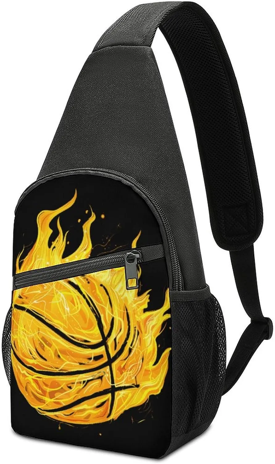 Fire Basketball Ball Flaming Casual Crossbody Bag Travel Shoulder Bag Hiking Chest Bag Sling Backpack with Pocket for Men Women