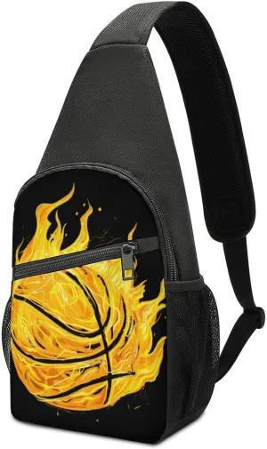 Fire Basketball Ball Flaming Casual Crossbody Bag Travel Shoulder Bag Hiking Chest Bag Sling Backpack with Pocket for Men Women