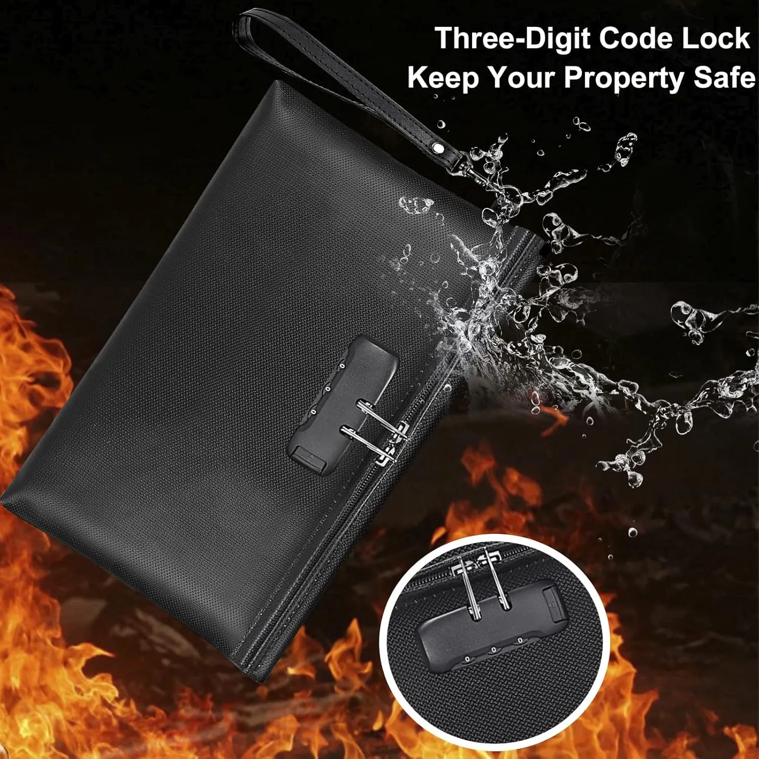 Fireproof Money Bag with Lock, ZOOPIP 11.2"x7.6" Fireproof Cash Bag with Zipper Closure, Storage Pouch for A5 Size Document, Cheque, Cash, Cell Phone, Tablet, Credit Card, Passport, Jewelry (Black)