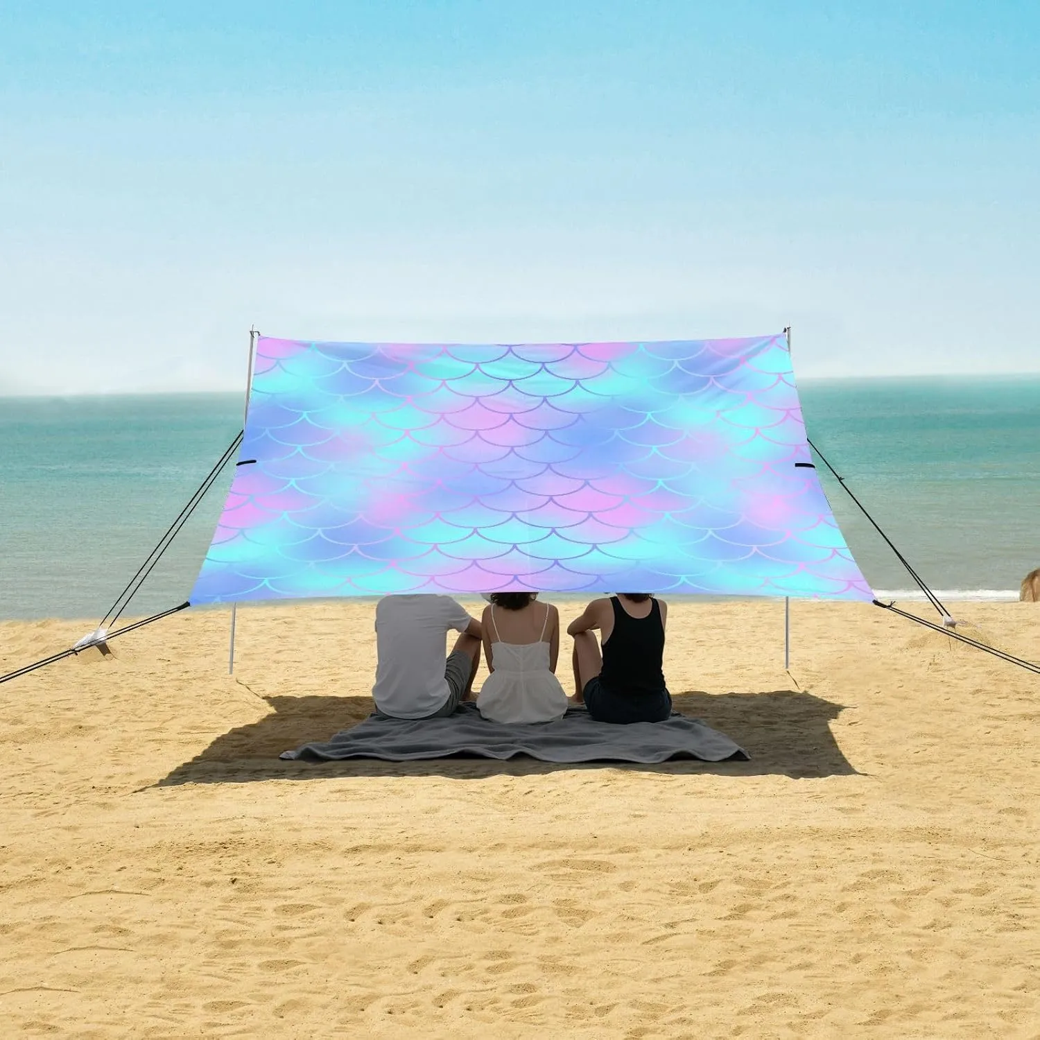 Fish Skin Scale Beach Canopy Tent Anti-UV & Wind Resistant, Colorful Glitter Camping Sun Shelter Easy Setup Portable,Outdoor Shade Tents with Sandbags,Sand Shovels,Ground Pegs & Stability Poles