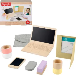 Fisher-Price Wood Pretend Play Work from Home Set, 9-Piece Office Playset with Wooden Toy Laptop & Phone for Preschool Kids Ages 3  Years