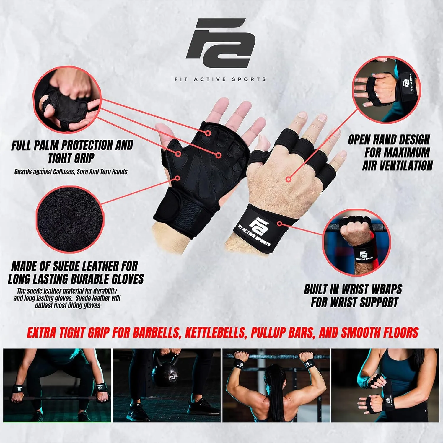 Fit Active Sports 2.0 Ventilated Weight Lifting Workout Gloves with Wrist Wraps - Men and Women Gym Weightlifting Exercise Grips - New Enhanced Palm