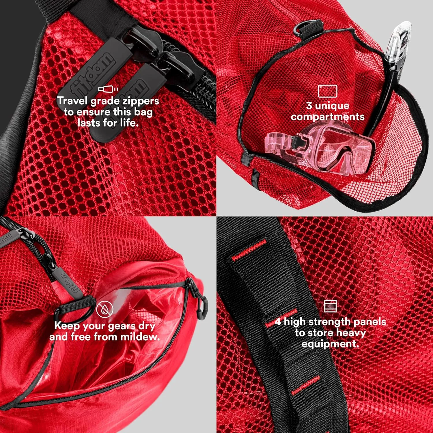 Fitdom 90L Large Mesh Duffle Bag for Scuba Dive or Snorkel Equipment. Best for Water Sports & Beach Activities like Swimming, Diving & Snorkeling. Perfect for Travel, Storage Swim Gym Gears & Balls