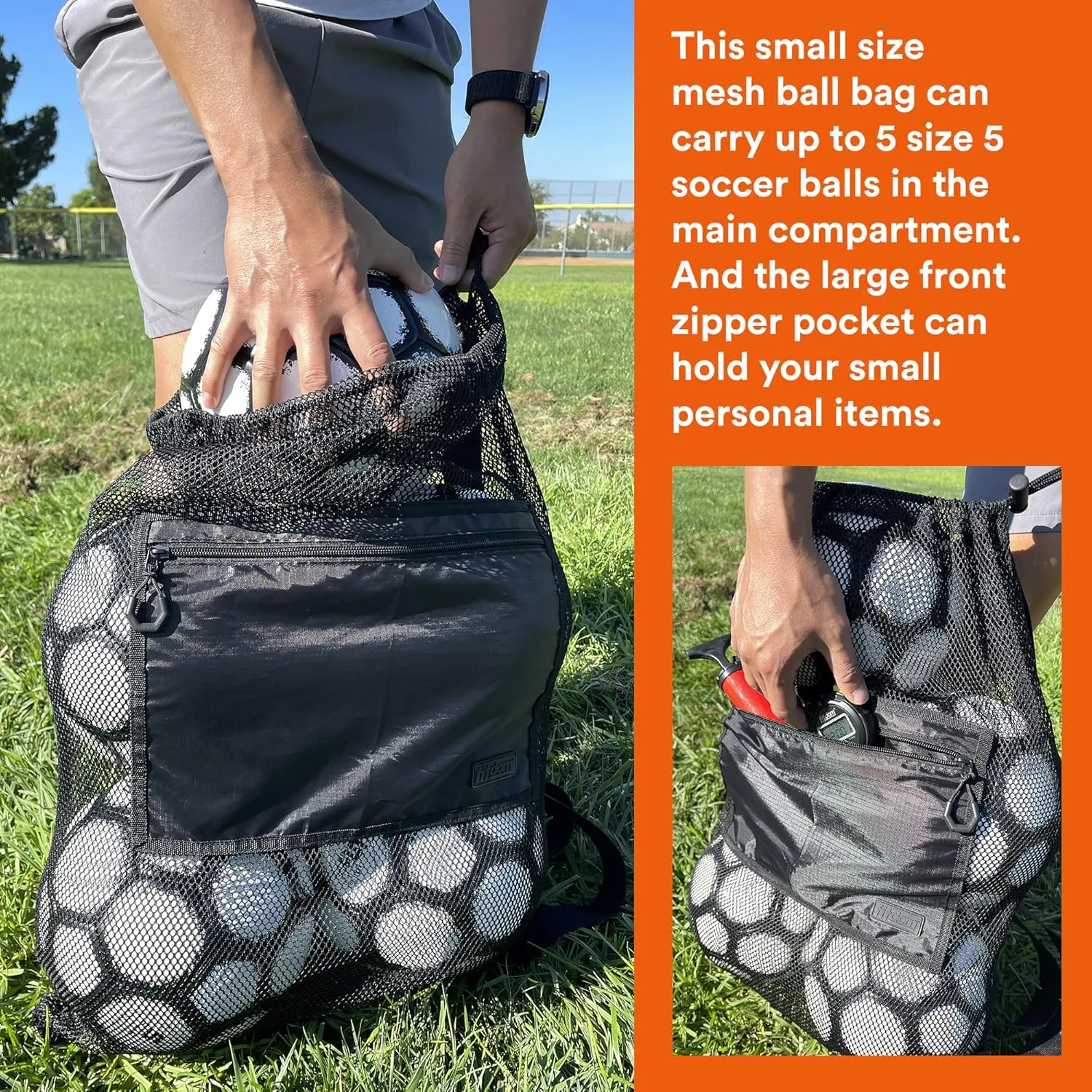 Fitdom Extra Large Heavy Duty Mesh Bag. Best for Soccer Ball, Water Sports, Beach Cloth, Swimming Gears. Adjustable Shoulder Strap. Secure Side Pocket