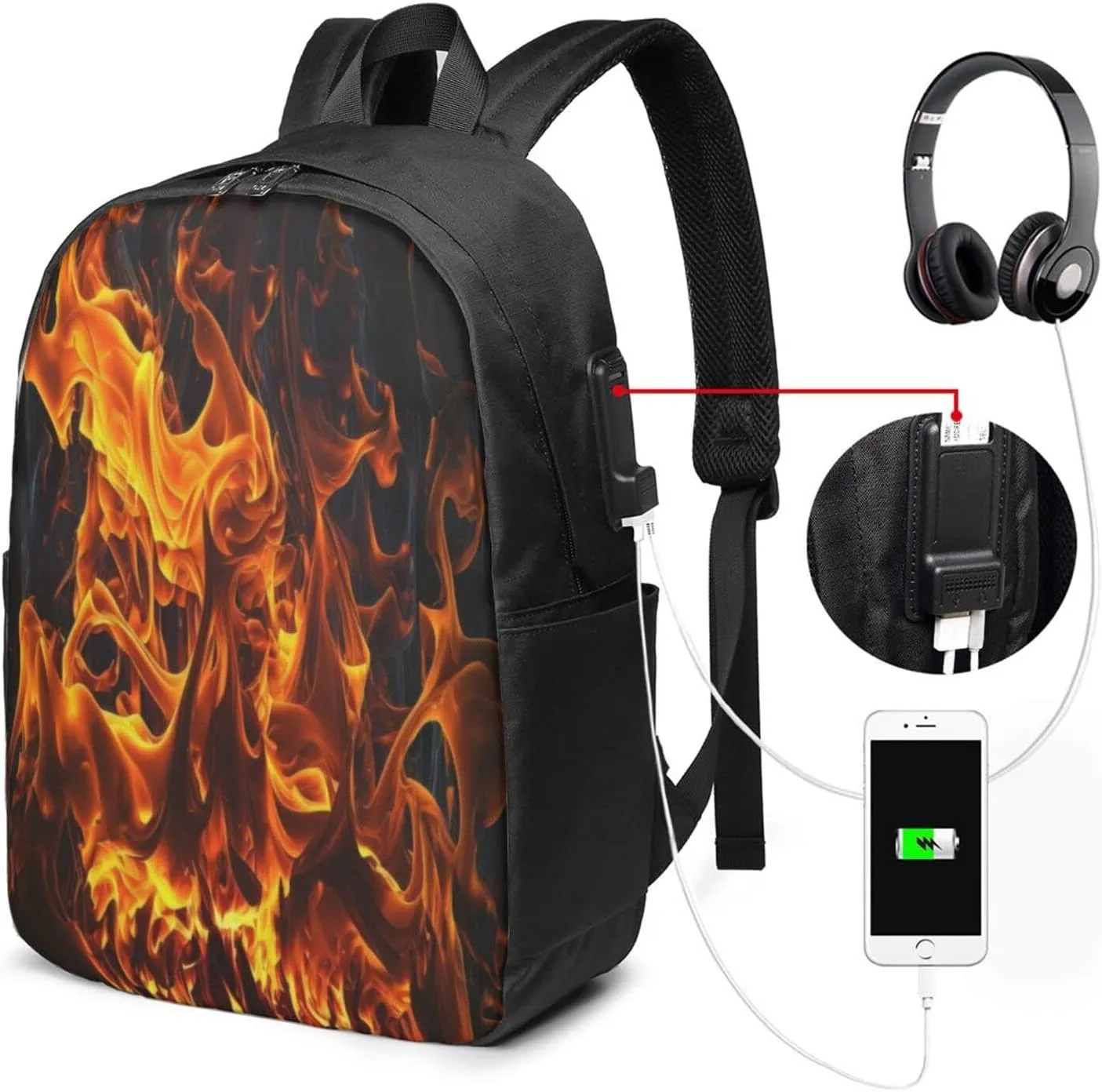Flames Burning Fire Laptop Backpack, Travel Backpack with USB Charging Port, Computer Bag for Men Women
