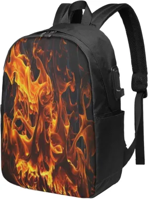 Flames Burning Fire Laptop Backpack, Travel Backpack with USB Charging Port, Computer Bag for Men Women