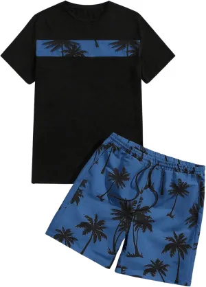 Floerns Men's Shirt and Shorts 2 Piece Sets Graphic Print Beach Outfits