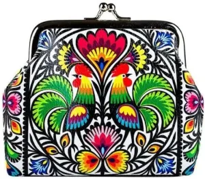 Floral Coin Purse with Polish Folk Art Designs, Coin Change Holder for Shopping, Vacations, Keys, USB, Beautiful Gift/Souvenir from Poland (Lucja, Roosters, Big)