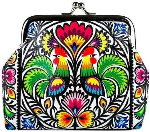 Floral Coin Purse with Polish Folk Art Designs, Coin Change Holder for Shopping, Vacations, Keys, USB, Beautiful Gift/Souvenir from Poland (Lucja, Roosters, Big)