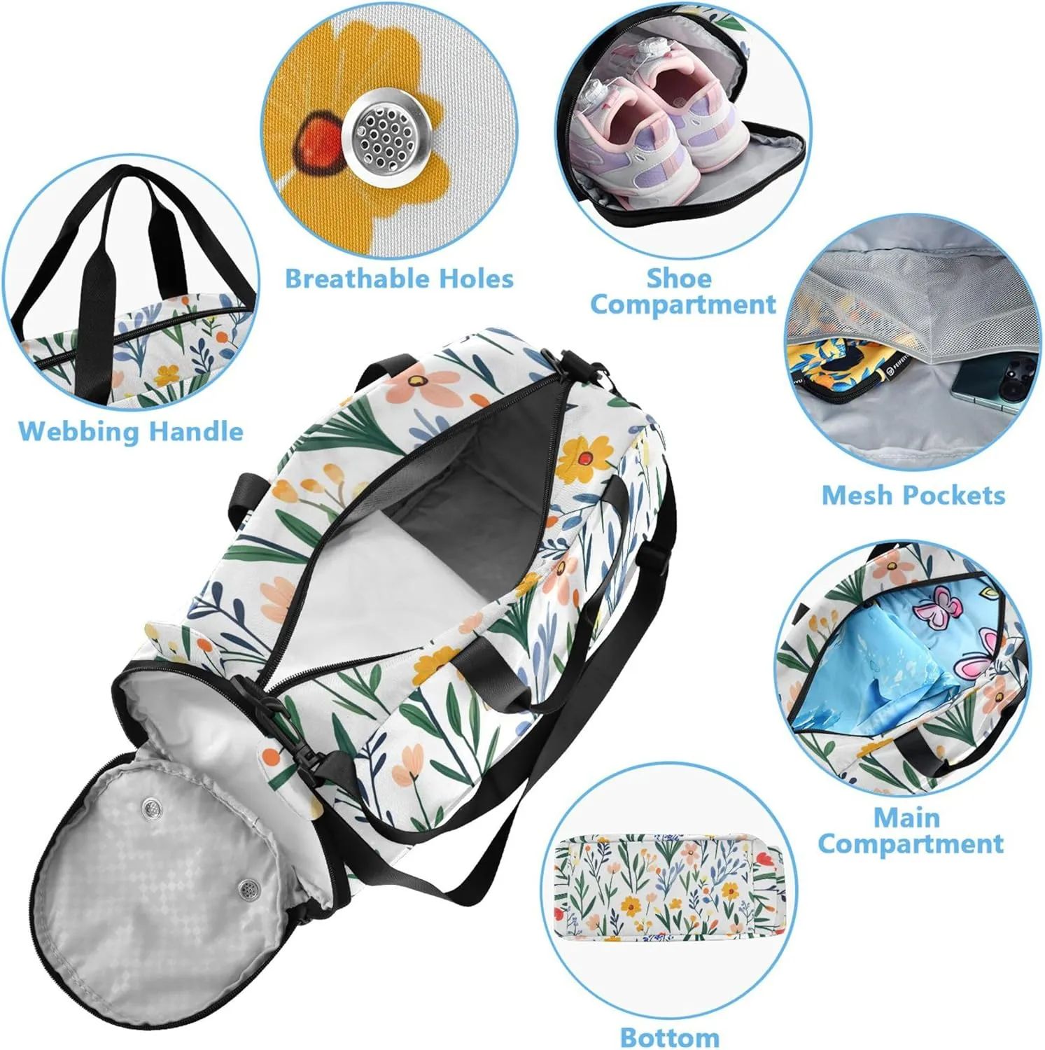 Florals Tulips Kids Cute Gym Bag with Shoes Compartment Multifunctional Weekend Overnight Carry on Bag for Travel, Swimming, Dance, Ballet