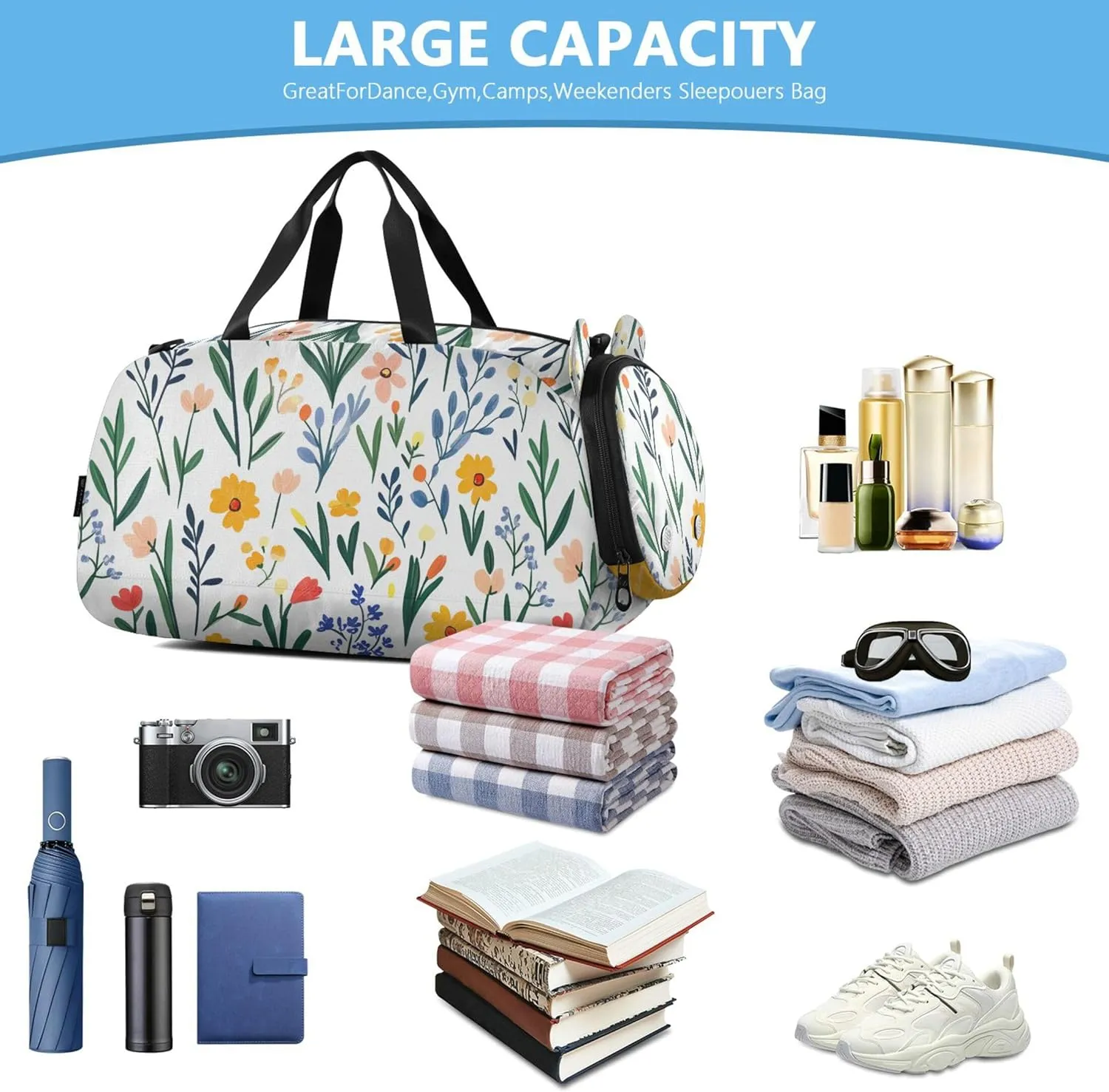 Florals Tulips Kids Cute Gym Bag with Shoes Compartment Multifunctional Weekend Overnight Carry on Bag for Travel, Swimming, Dance, Ballet