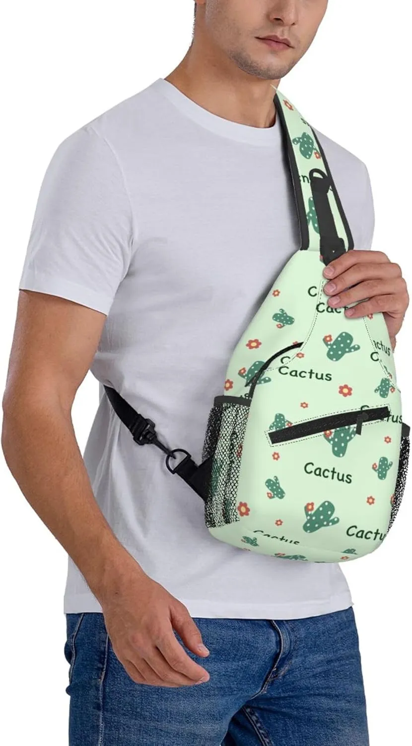 Flower Green Cactus Sling Backpack Crossbody Bag, Chest Bag Daypack for Outdoors Hiking Traveling