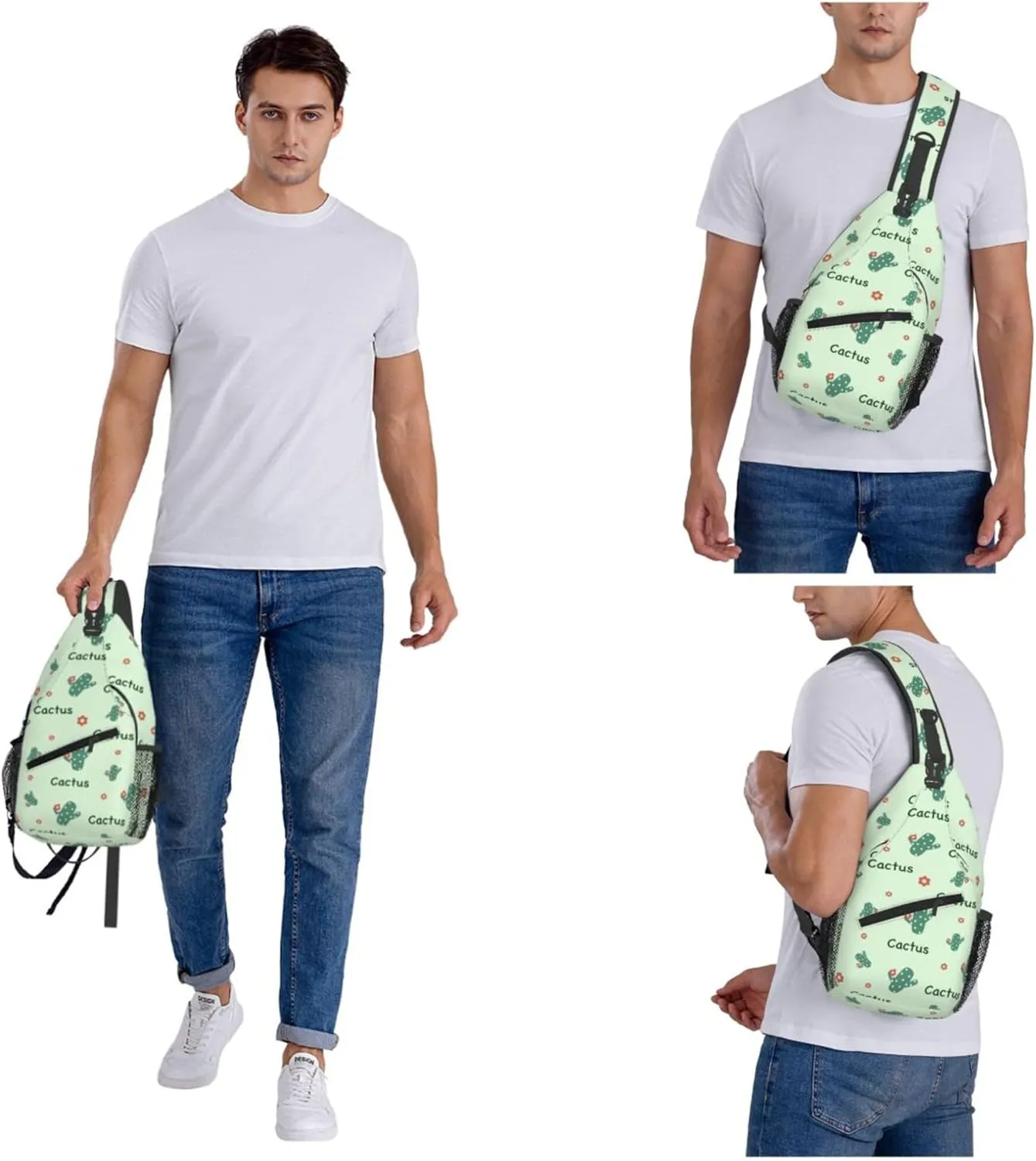 Flower Green Cactus Sling Backpack Crossbody Bag, Chest Bag Daypack for Outdoors Hiking Traveling