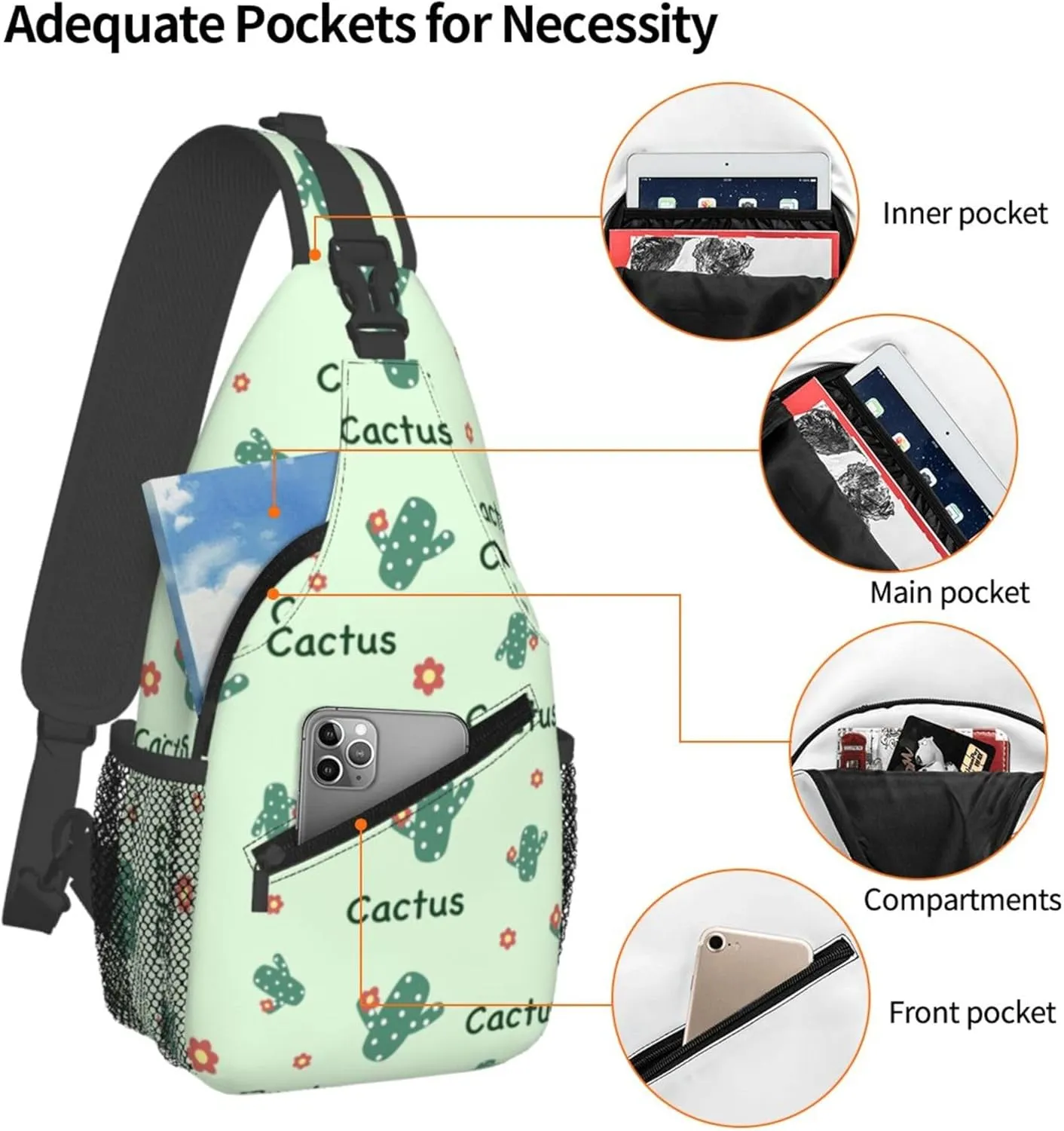 Flower Green Cactus Sling Backpack Crossbody Bag, Chest Bag Daypack for Outdoors Hiking Traveling