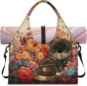 Flower phonograph Women's Yoga Gym Bag - Adjustable shoulder strap with shoe compartment, large gym bag with multiple pockets for yoga mat, gym equipment and travel accessories