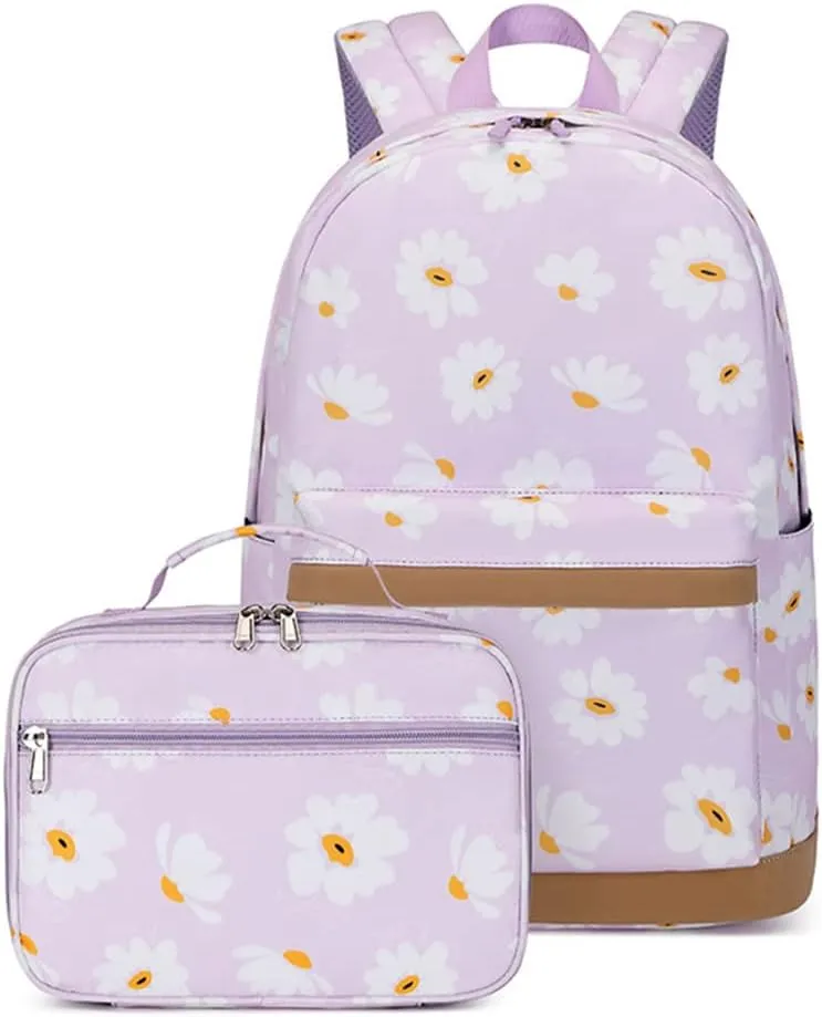 Flower Prints Kids Backpack for Girls, Multi Pocket School Bags with Lunch Box for Elementary, Teen Girls Bookbag Set