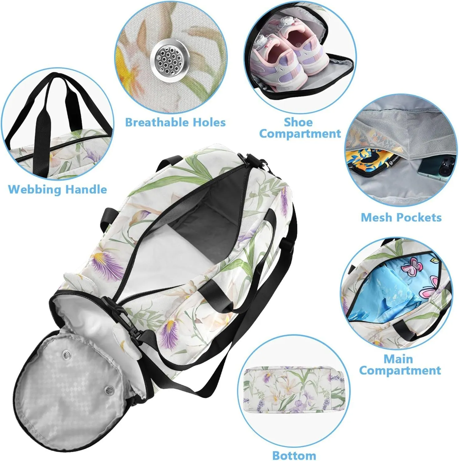 Flowers Oil Painting Small Gym Bag with Shoes Compartment Large Capacity Sports Duffel Bag for Boys and Girls