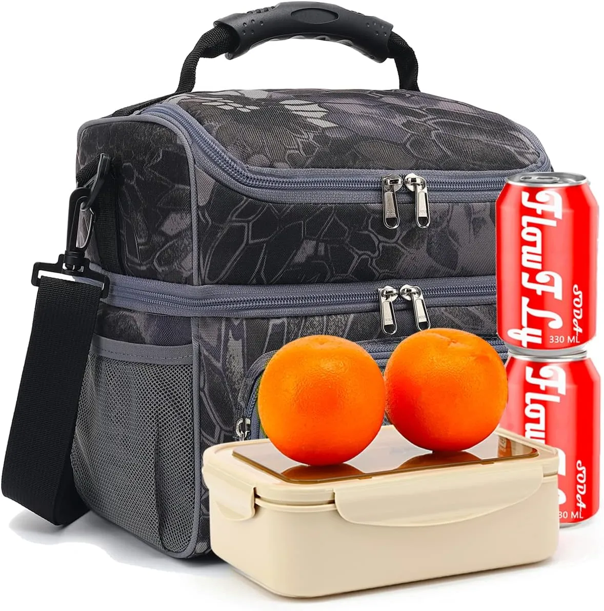 FlowFly Double Layer Cooler Insulated Lunch Bag Adult Lunch Box Large Tote Bag for Men, Women, With Adjustable Strap,Front Pocket and Dual Large Mesh Side Pockets