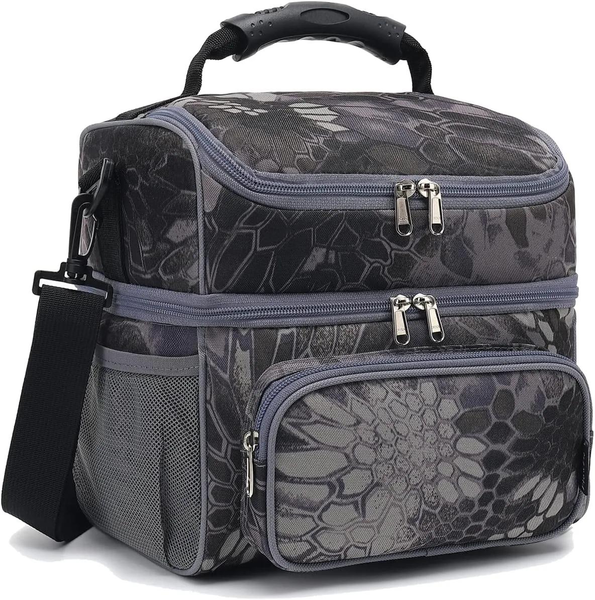 FlowFly Double Layer Cooler Insulated Lunch Bag Adult Lunch Box Large Tote Bag for Men, Women, With Adjustable Strap,Front Pocket and Dual Large Mesh Side Pockets