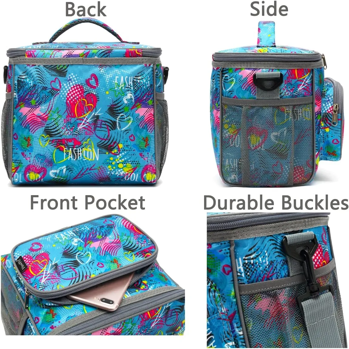 FlowFly Insulated Reusable Lunch Bag Adult Large Lunch Box for Women and Men with Adjustable Shoulder Strap,Front Zipper Pocket and Dual Large Mesh Side Pockets,Heart
