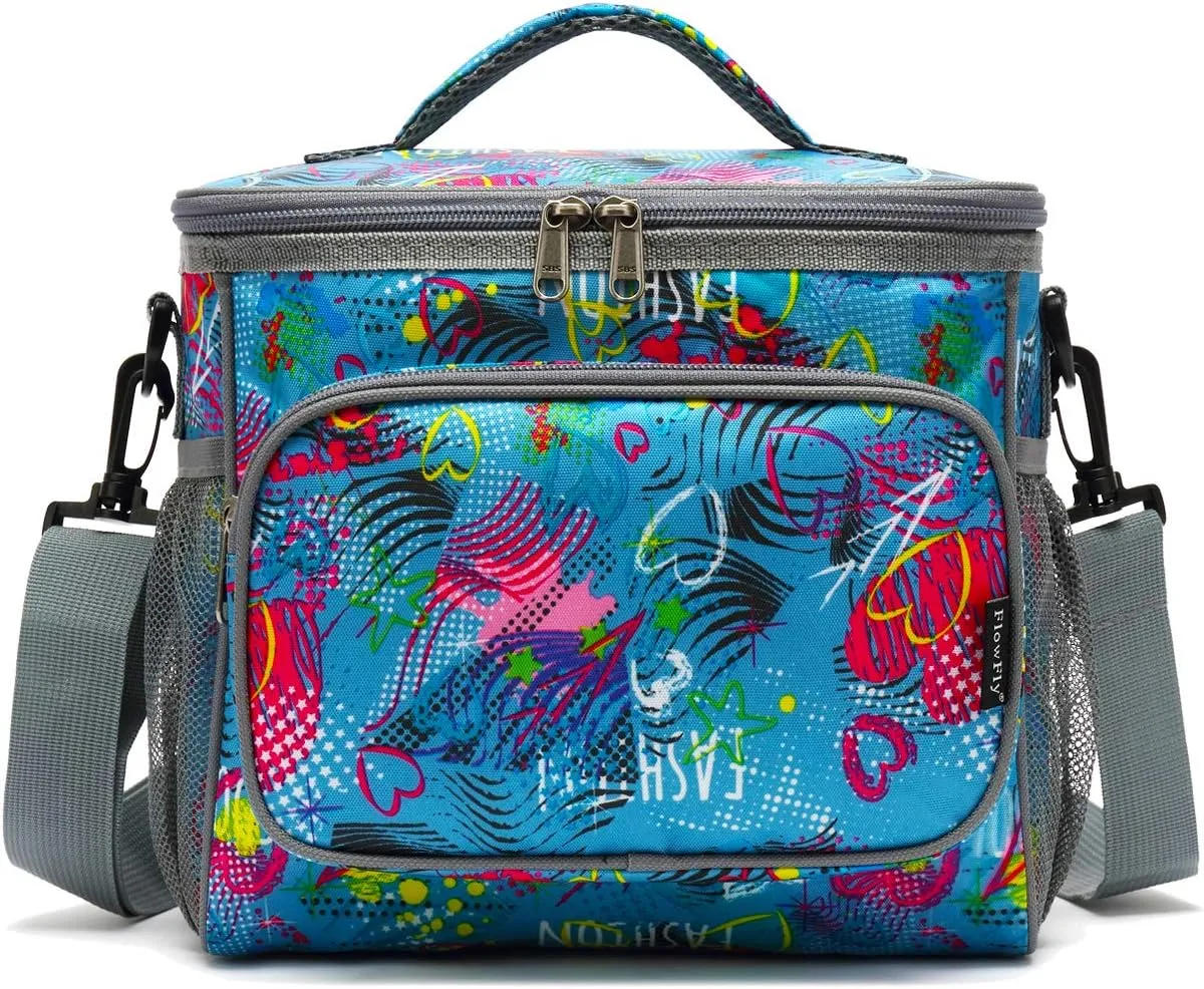 FlowFly Insulated Reusable Lunch Bag Adult Large Lunch Box for Women and Men with Adjustable Shoulder Strap,Front Zipper Pocket and Dual Large Mesh Side Pockets,Heart