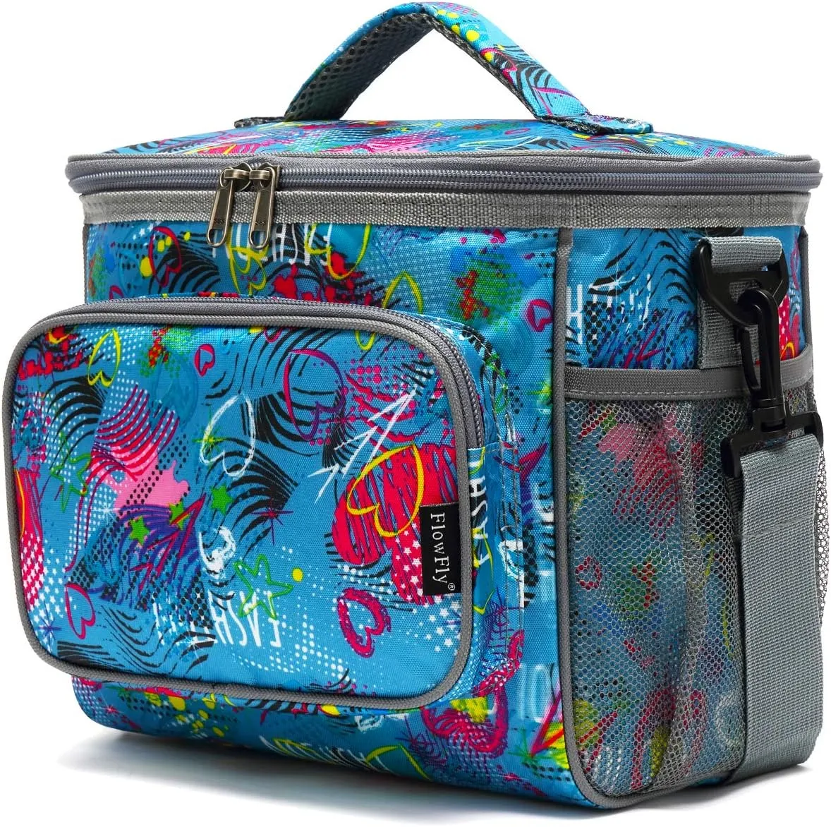 FlowFly Insulated Reusable Lunch Bag Adult Large Lunch Box for Women and Men with Adjustable Shoulder Strap,Front Zipper Pocket and Dual Large Mesh Side Pockets,Heart