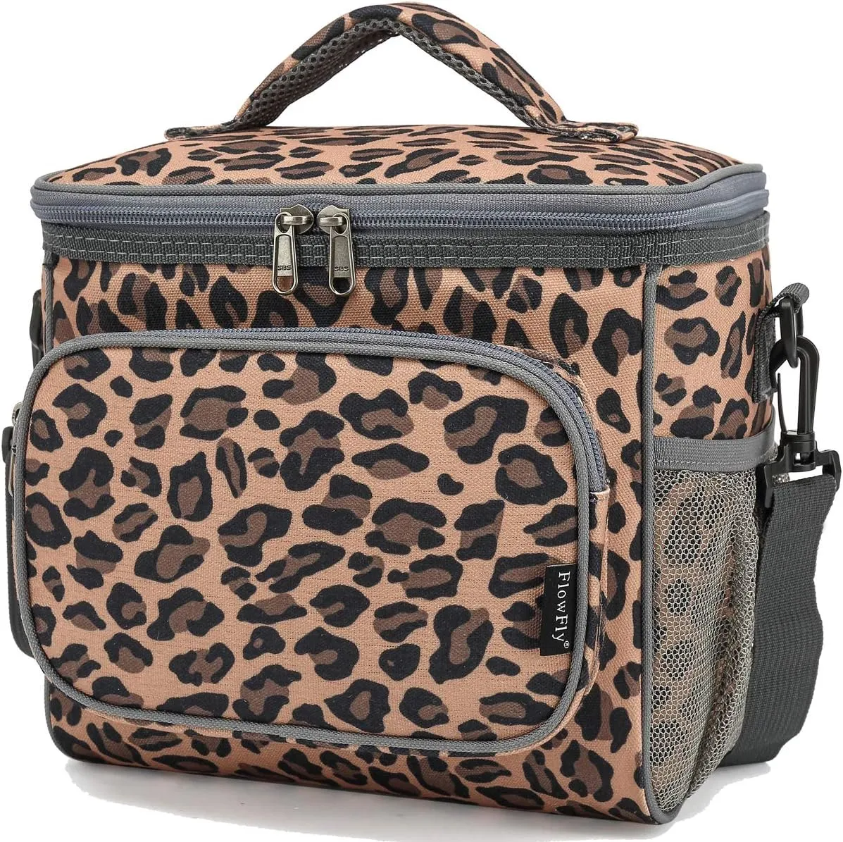 FlowFly Insulated Reusable Lunch Bag Adult Large Lunch Box for Women and Men with Adjustable Shoulder Strap,Front Zipper Pocket and Dual Large Mesh Side Pockets,Leopard
