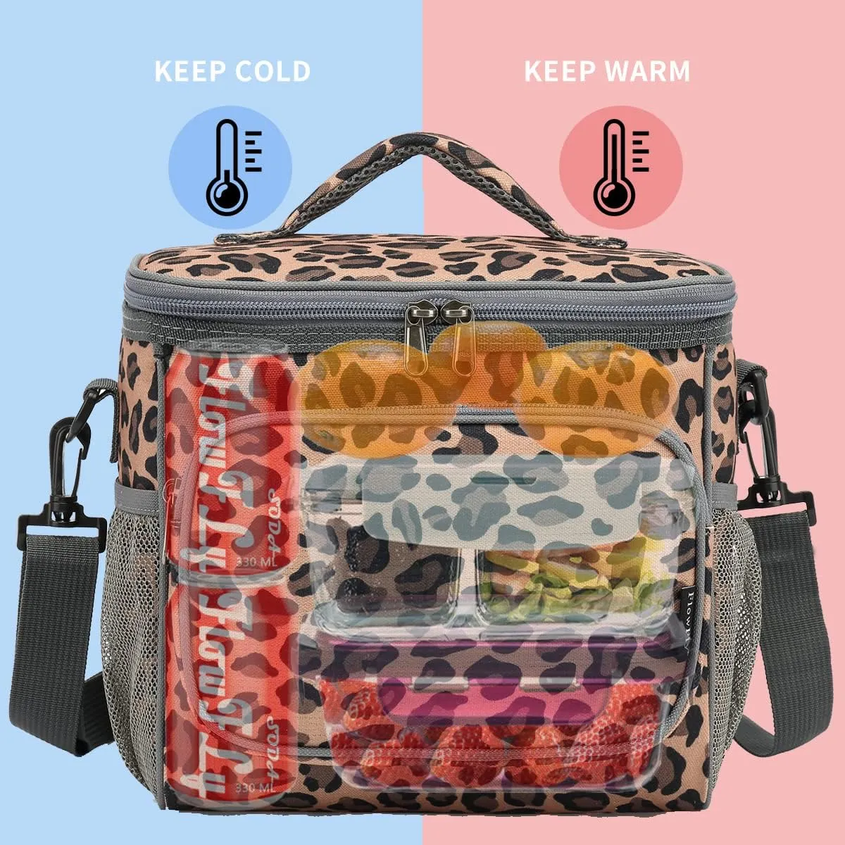 FlowFly Insulated Reusable Lunch Bag Adult Large Lunch Box for Women and Men with Adjustable Shoulder Strap,Front Zipper Pocket and Dual Large Mesh Side Pockets,Leopard