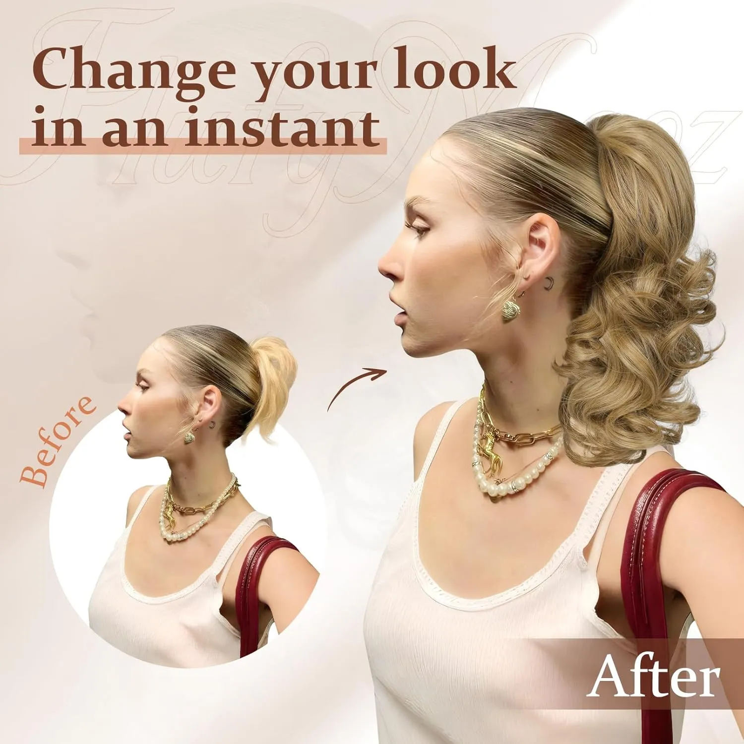 Flufymooz Ponytail Extension, 14 Inch Short Drawstring Ponytail Hair Extension for Women, Soft Synthetic Pony Tails Hairpiece for Women (Deep Blonde with Highlight)