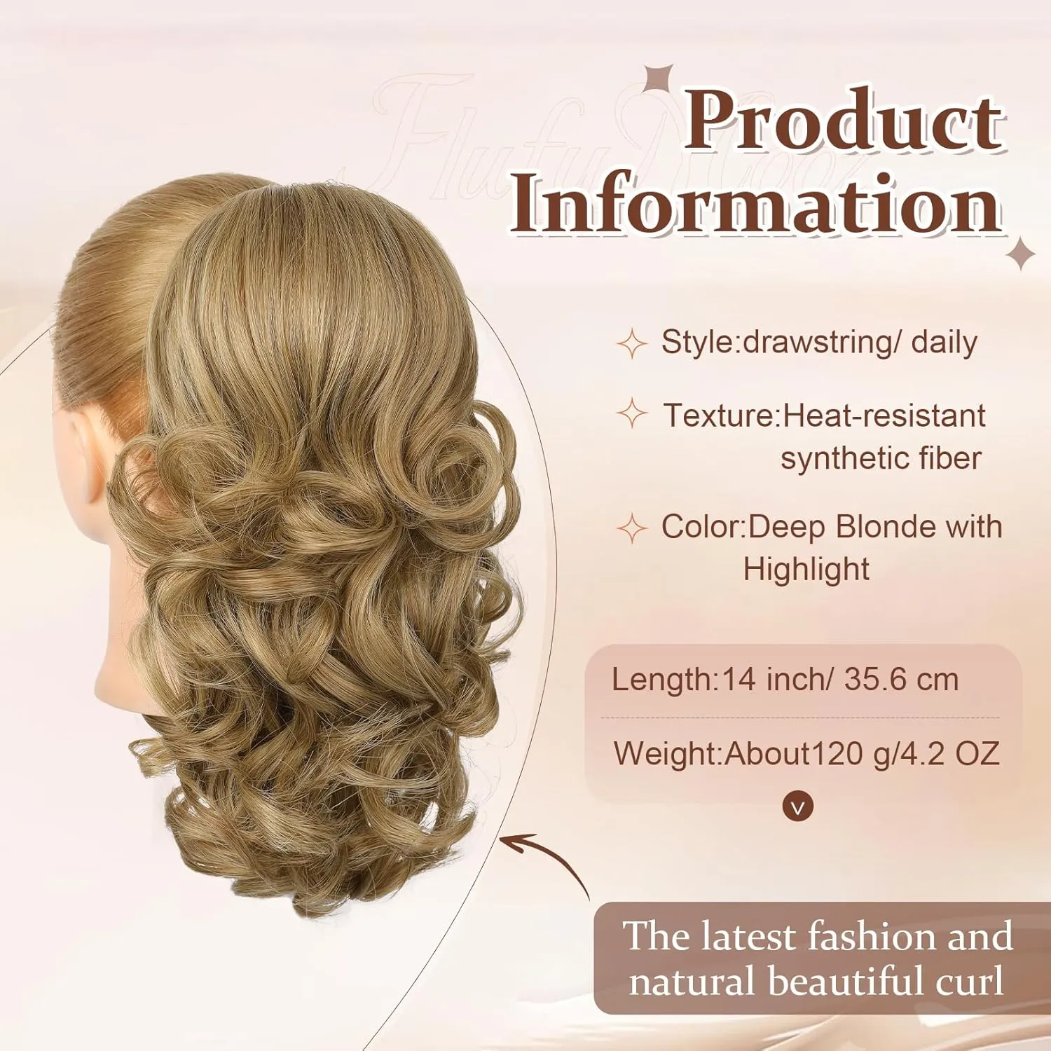 Flufymooz Ponytail Extension, 14 Inch Short Drawstring Ponytail Hair Extension for Women, Soft Synthetic Pony Tails Hairpiece for Women (Deep Blonde with Highlight)