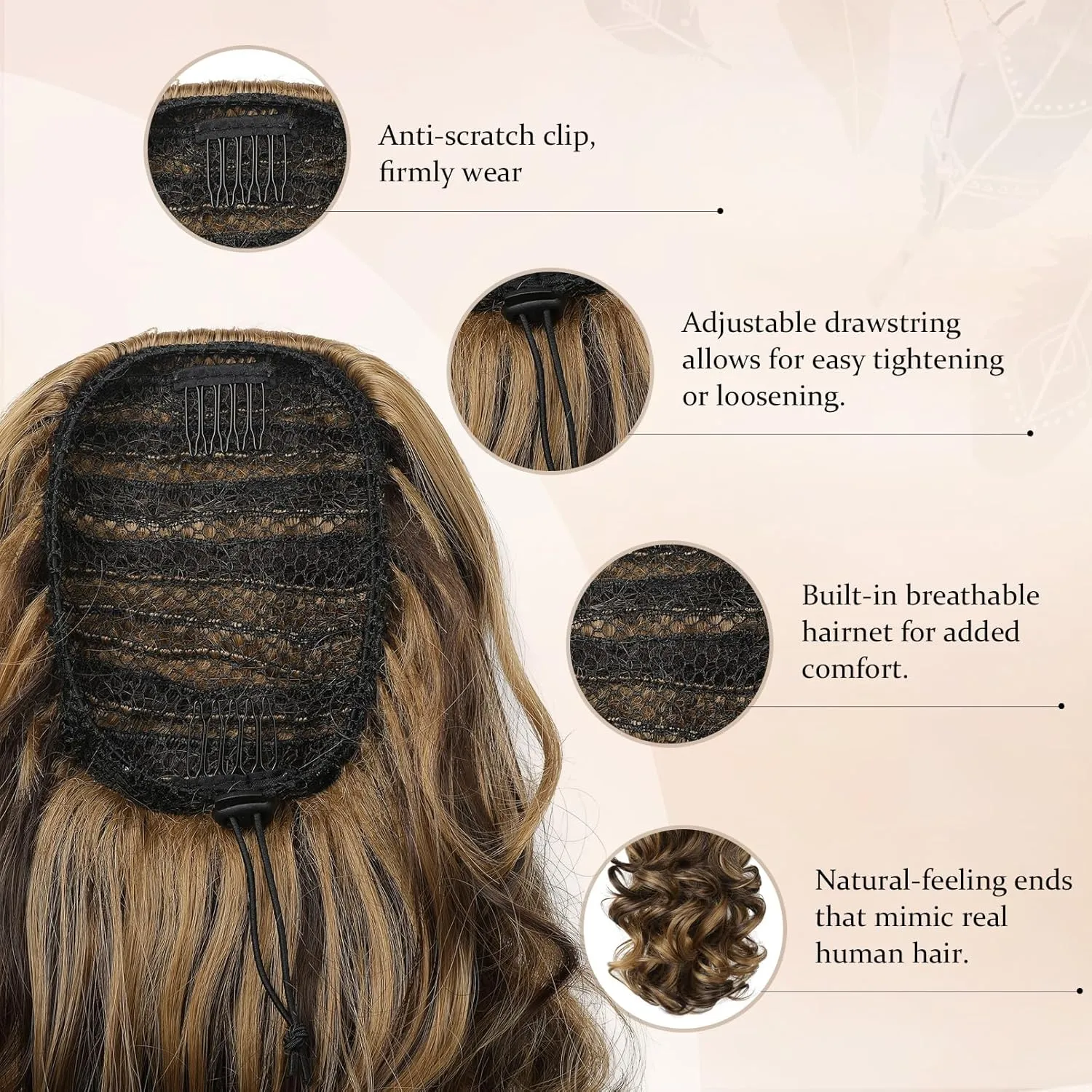 Flufymooz Ponytail Extension, 14 Inch Short Drawstring Ponytail Hair Extension for Women, Soft Synthetic Pony Tails Hairpiece for Women (Deep Blonde with Highlight)