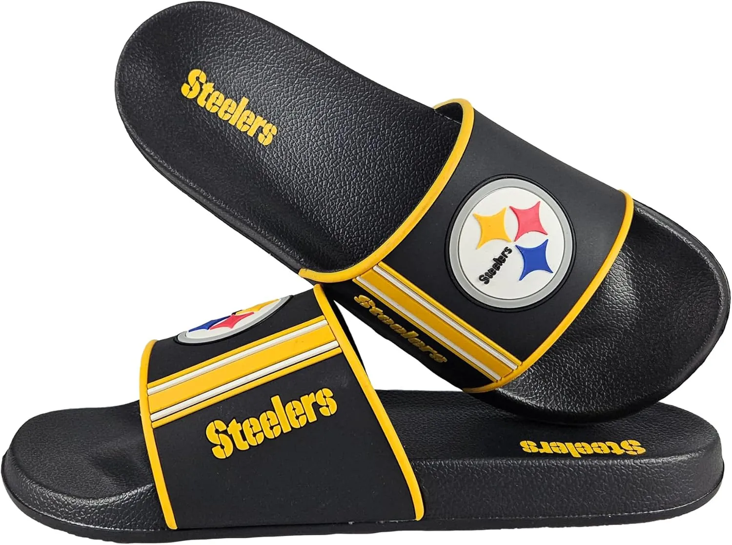 FOCO NFL Men's Molded Team Stripe Slides with Bold Team Logo – Slip and Water Resistant, Ventilated Closed-Cell Durable Foam Footwear – Officially Licensed Merch