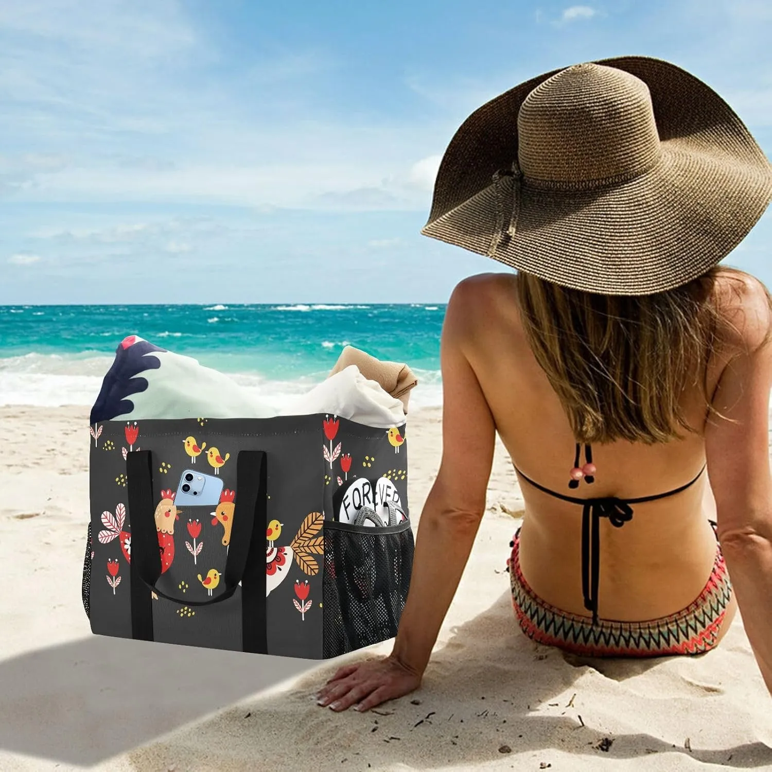 Foldable Grocery Reusable Tote Grocery Bag, Travel Canvas Shoulder Bags, Large Casual Laundry Pool Beach Bag