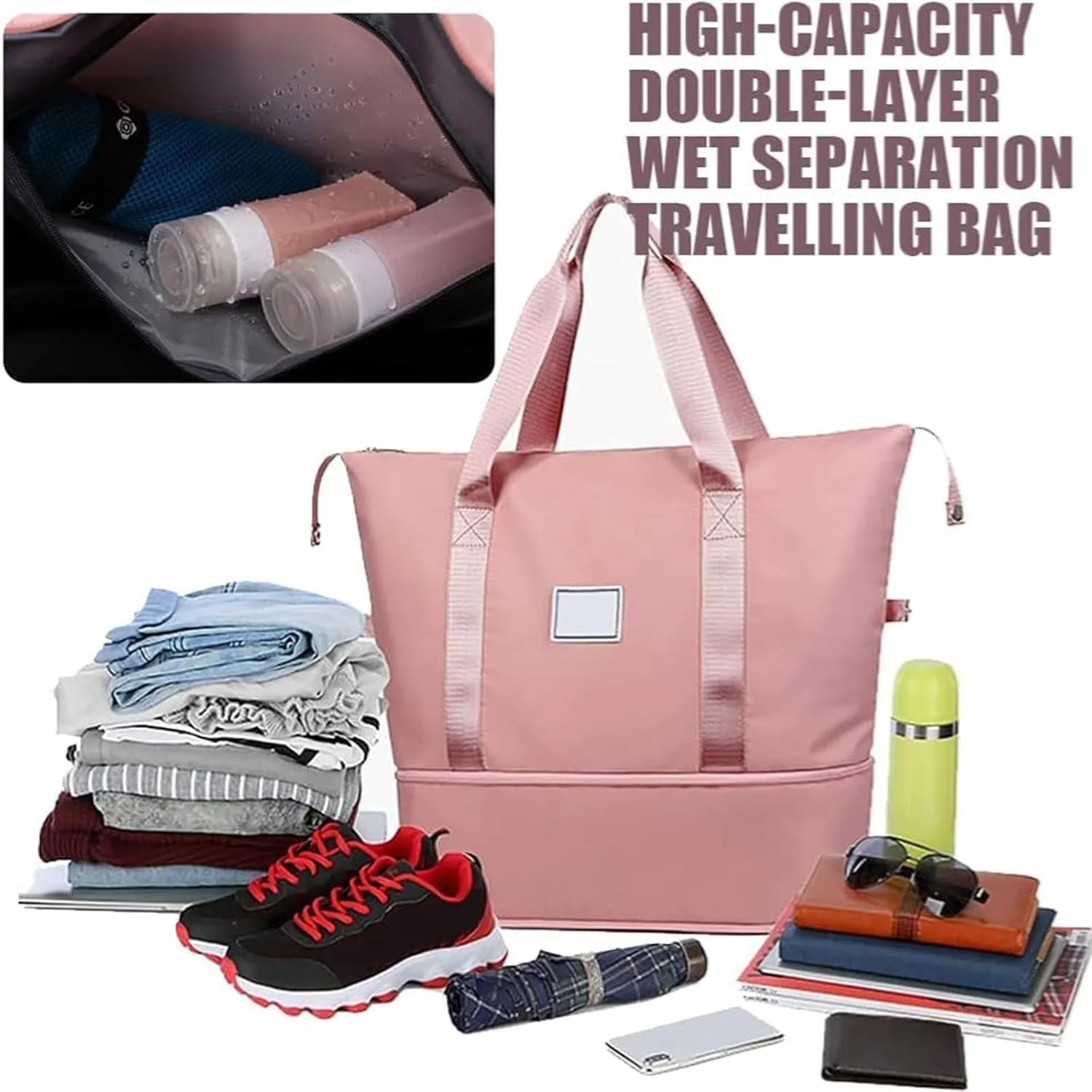 Foldable Travel Bag Expandable, Wealthyn High-Capacity Double-Layer Wet Separation Travelling Bag (Gray)