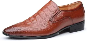 Formal Business Loafers for Men Casual Crocodile Embossed Oxford Shoes Slip on Faux Leather Burnished Pointed Toe Dual Elastic Band Block Heel Casual (Color : Yellow, Size : 9 M US)