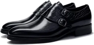 Formal Shoes for Men Slip On Double Monk Strap Crocodile Embossed Round Toe Cowhide Resistant Non Slip Rubber Sole Working