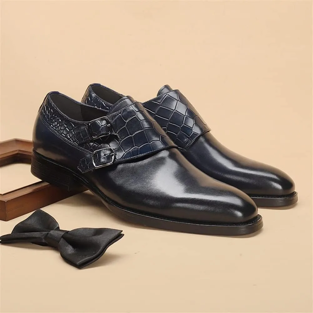 Formal Shoes for Men Slip On Double Monk Strap Crocodile Embossed Round Toe Cowhide Resistant Non Slip Rubber Sole Working