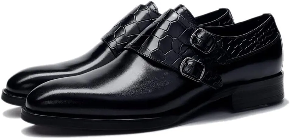 Formal Shoes for Men Slip On Double Monk Strap Crocodile Embossed Round Toe Cowhide Resistant Non Slip Rubber Sole Working