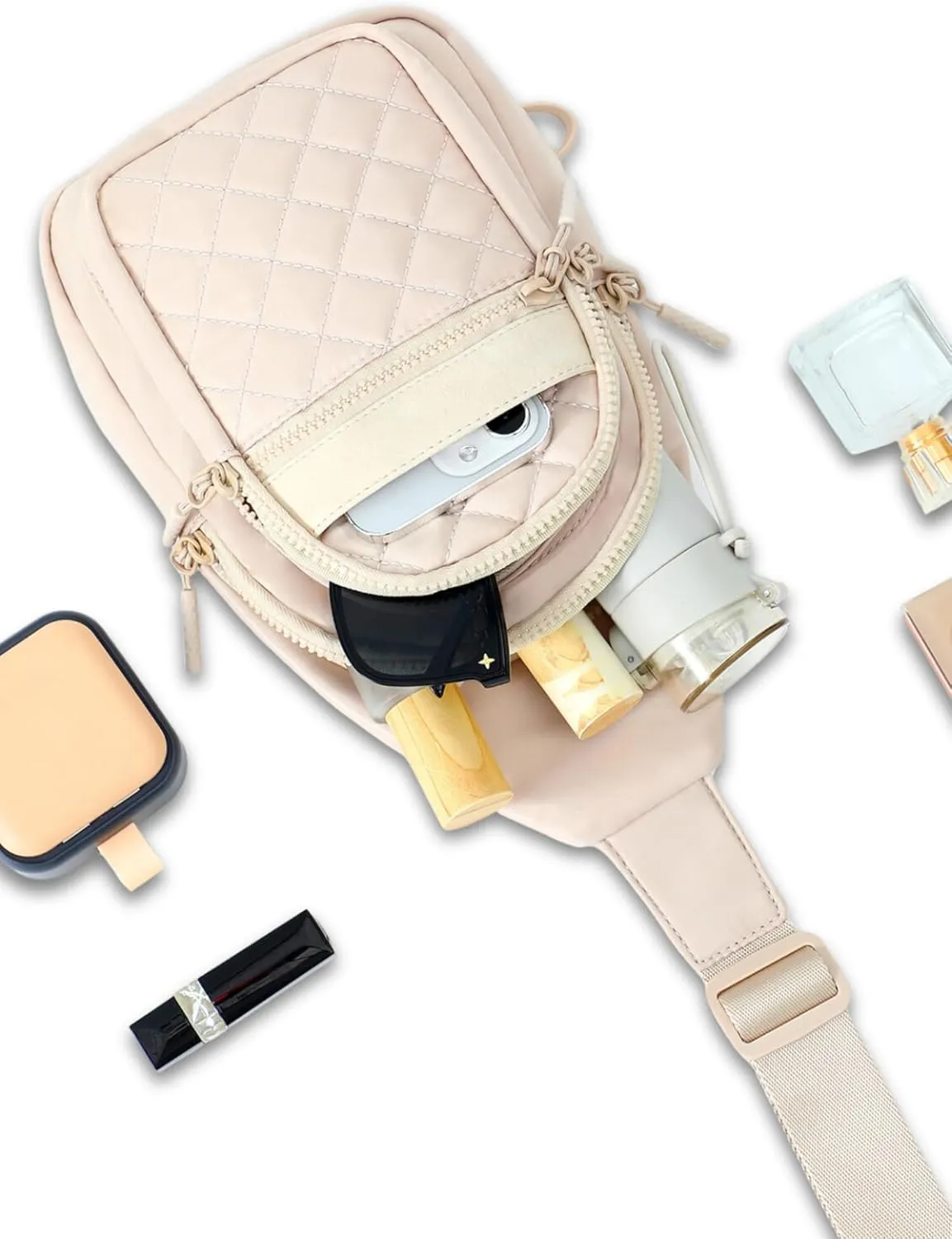 FORZAROCKET Sling Bag Double Compartment w/Long Strap 66" - Crossbody Bag w/Extended Strap - Women Men Fanny Pack - Two-Way Durable Zipper - Compact Sling Backpack - Plus Size Friendly, Beige Quilted
