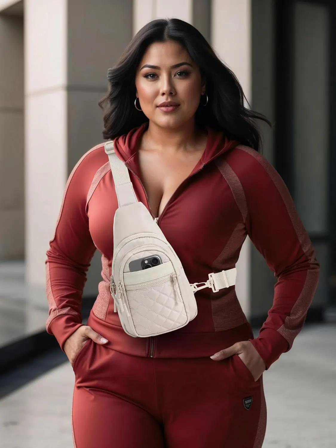 FORZAROCKET Sling Bag Double Compartment w/Long Strap 66" - Crossbody Bag w/Extended Strap - Women Men Fanny Pack - Two-Way Durable Zipper - Compact Sling Backpack - Plus Size Friendly, Beige Quilted