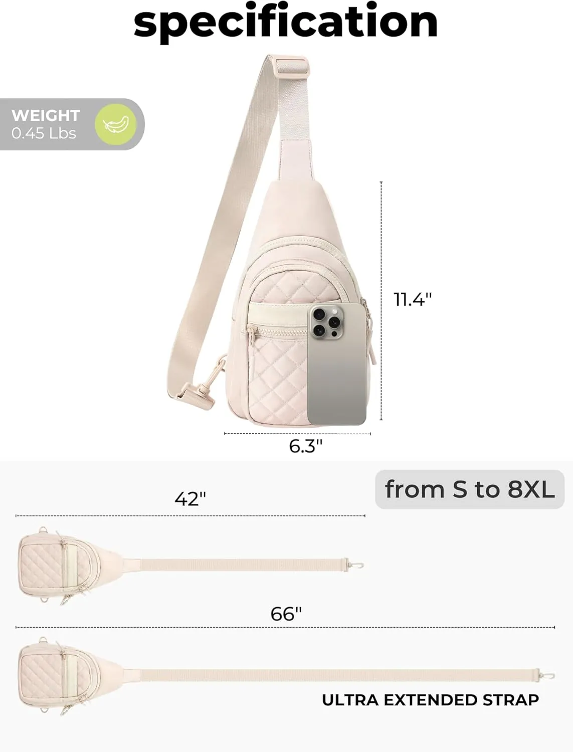 FORZAROCKET Sling Bag Double Compartment w/Long Strap 66" - Crossbody Bag w/Extended Strap - Women Men Fanny Pack - Two-Way Durable Zipper - Compact Sling Backpack - Plus Size Friendly, Beige Quilted