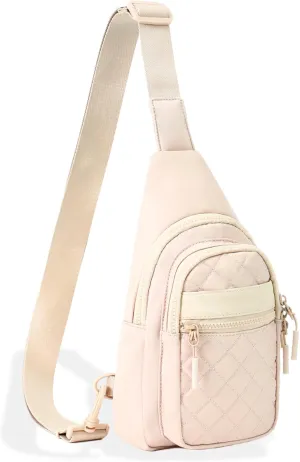 FORZAROCKET Sling Bag Double Compartment w/Long Strap 66" - Crossbody Bag w/Extended Strap - Women Men Fanny Pack - Two-Way Durable Zipper - Compact Sling Backpack - Plus Size Friendly, Beige Quilted